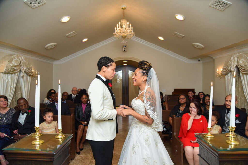 a couple at the altar inside