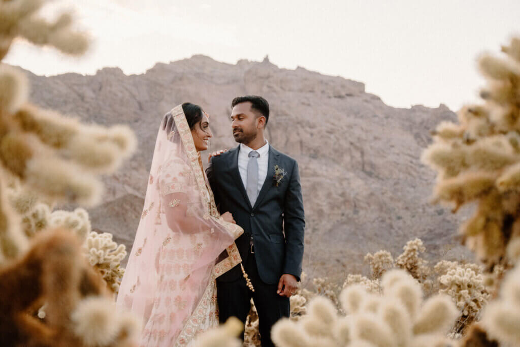 a couple in colorful wedding attire standing among cactuses