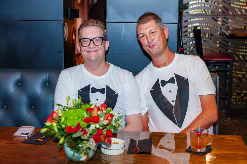 couple in matching shirts