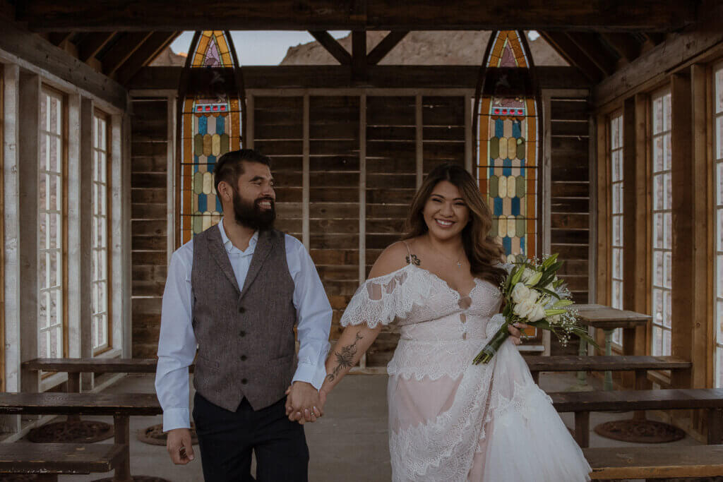 a couple walking indoors after marriage