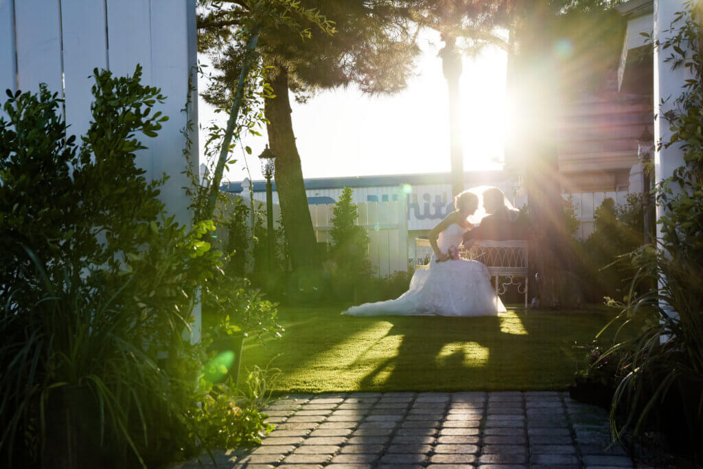 a couple in the sunset on grass