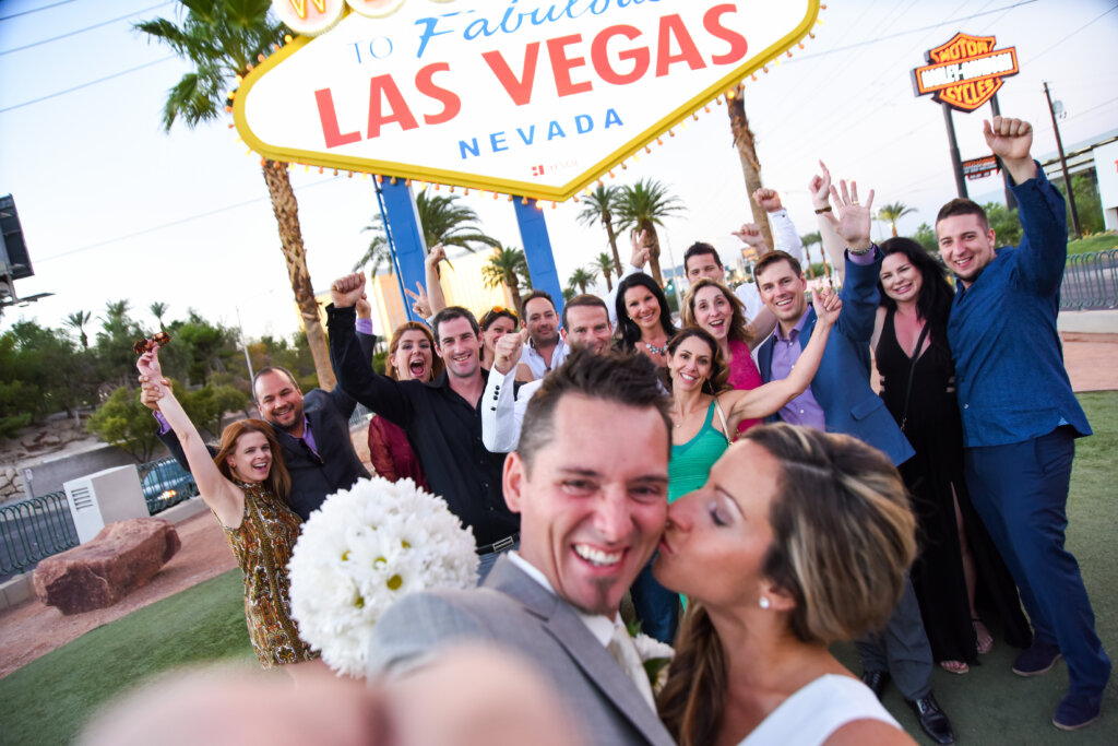 a couple after getting married with friends in Las Vegas