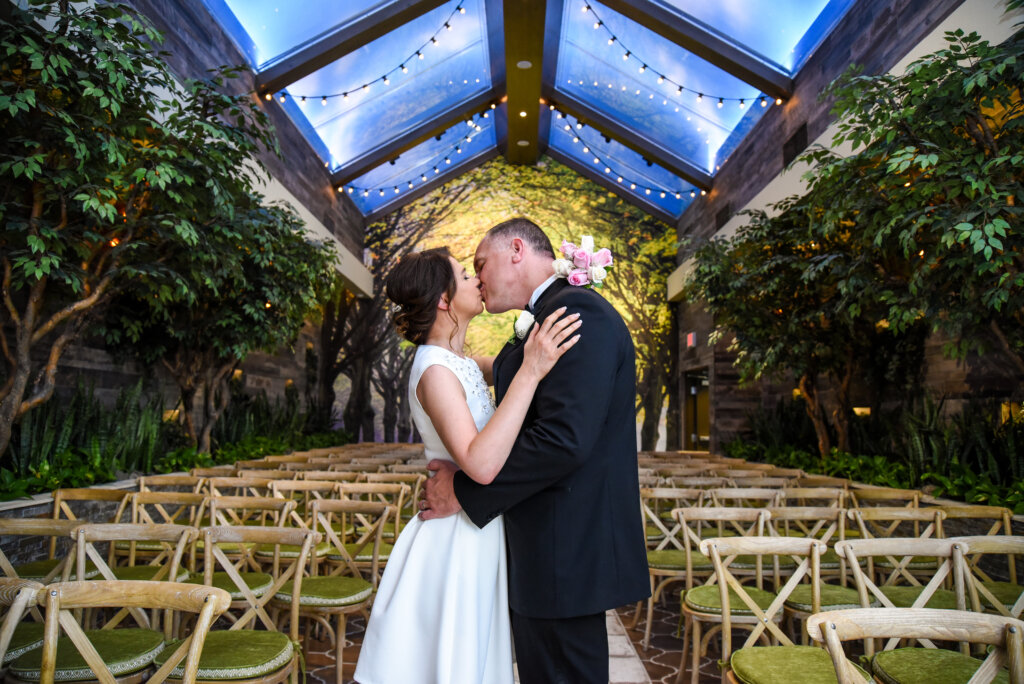 a couple kissing in a Las Vegas chapel