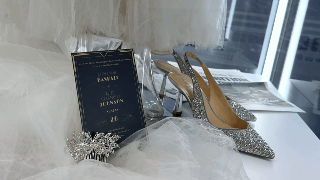 a wedding dress hem, shoes and invitation in a display case